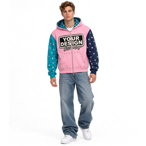 Sudadera con capucha y cremallera para hombre, estilo urbano, de algodón, con diseño de bloques de color, bordada, de peso pesado, informal y a la moda. - Product Image 1