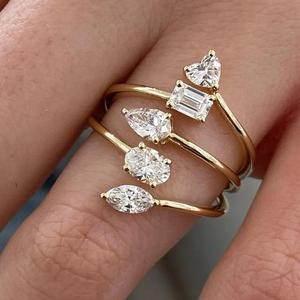 Bague ouverte multi-formes en or massif avec diamants et pierres taillées cœur, poire, ovale, émeraude, marquise et poire – Cadeau moderne pour elle - Product Image 1