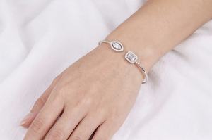 Women's 925 <b>Silver</b> Rhodium Plated Cuff <b>Bracelet</b> With Marquise And Emerald Cut Diamond Geometric Design Classic Style - Product Image 3