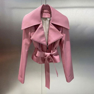 Women's Genuine Leather Moto Jacket With Belted Waist Slash Neck <b>Zipper</b> Closure Full Sleeve Autumn Style Customized design - Product Image 3