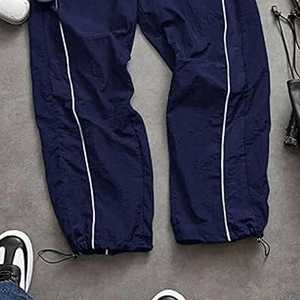 Pantalon coupe-vent en satin bleu marine pour femme, taille mi-haute, avec cordon de serrage, rayures latérales, coupe ample, longueur intégrale, tenue formelle d'hiver - Product Image 4