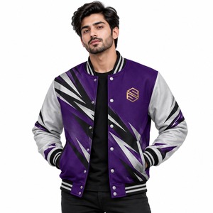 Veste universitaire pour homme en mélange de laine, manches de style cuir de qualité supérieure, fermeture à boutons-pression, col et poignets côtelés - Product Image 1