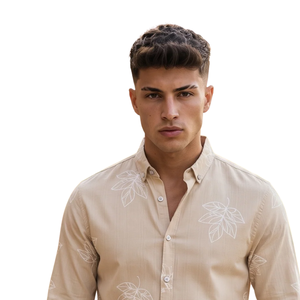 Camisa de Manga Larga para Hombre con Estampado de Hojas Beige y Blanco, Cierre de Botones, Corte Ajustado, Estilo Casual para Fiestas de Verano y Uso Diario Elegante - Product Image 3