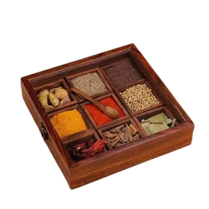 Caja de especias de madera apta para lavavajillas con 4 compartimentos divididos y tapa antigua, caja de especias de madera artesanal. - Product Image 4