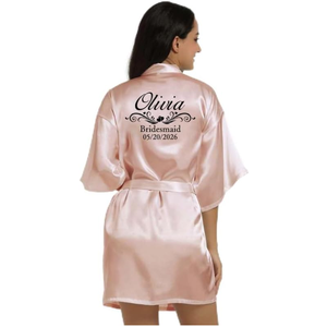 Personalized Pink Satin Bridesmaid Robe Short Sleeve Mandarin Collar <b>Knee</b> Length <b>Heat</b> Transfer Printing Back Logo Women's Elegan - Product Image 1