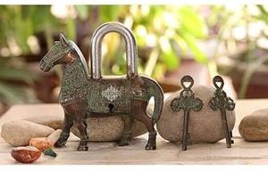 Decorative Brass Horse Lock with Antique Finish Traditional Handcrafted <b>Padlock</b> and Keys for Cabinet Storage Box and Home Accent - Product Image 2