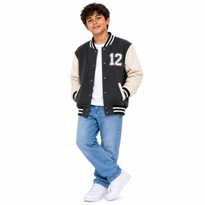 Veste universitaire respirante de qualité supérieure, vert beige, col montant, imprimé dessin animé numéro 12, fermeture pull-over, coupe régulière, en laine pour homme - Product Image 3