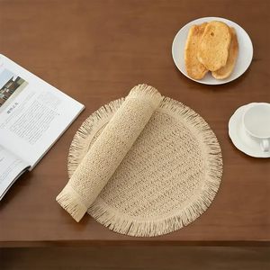 Round Natural Jute Fiber Placemat Solid Color Woven Fringed Edge Non-Slip <b>Table</b> <b>Mat</b> for Dining Room Scandinavian Style - Product Image 2
