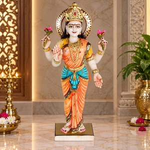 Standing Laxmi Marble Statue with Lotus | Four-Armed Goddess Lakshmi Murti with Ornate Crown | MALIYAS Jaipur - Product Image 1