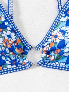 Wholesale blue and white floral 2-piece <b>bikini</b> <b>set</b> with O-ring front Custom low MOQ swimwear manufacturer for US and UK brands. - Product Image 5