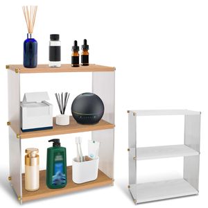 Organizzatore da banco a 3 livelli in acrilico e legno, scaffale portaoggetti per cosmetici da bagno, porta tazze, da scrivania - Product Image 4