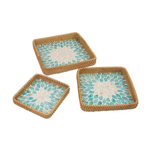 Plateau de service carré en rotin de qualité supérieure avec incrustation de nacre bleue, tressé à la main, plateau décoratif artistique naturel OEM ODM - Product Image 1