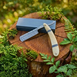 Cuchillo Plegable de Acero de Damasco, Hoja Recta de 0.6mm, Mango con Perilla, Cuchillo para Camping - Product Image 1