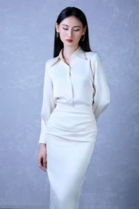 New Style <b>Satin</b> Long Regular Turn-down Collar Full Solid Vietnam Women Silk <b>Blouse</b> and Ruched Silk Skirt Two-Piece Set KS31 - Product Image 3
