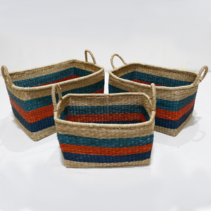 Panier de rangement artisanal en jonc de mer, motif rayé bleu naturel, tissé à la main, décoration d'intérieur - Product Image 5