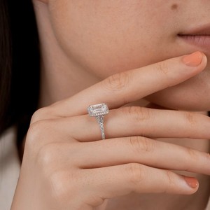 925 Sterling <b>Silver</b> <b>Emerald</b> Cut Lab Diamond Halo <b>Ring</b> Women Bridal Jewelry - Product Image 1