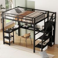 Lit superposé multifonctionnel moderne en métal avec bureau et rangement, cadre de lit double/double XL gain de place pour chambre, dortoir, villa