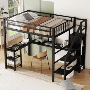 Multifunctional Metal Loft Bunk <b>Bed</b> with Desk, Storage Cabinet, <b>Space</b> <b>Saving</b> <b>Bed</b> Frame for Bedroom, Dormitory and Villa - Product Image 1