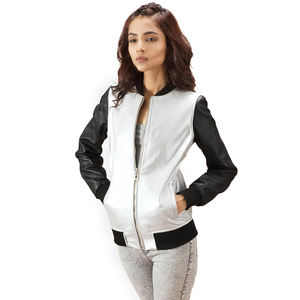 Blouson Bomber en Cuir Véritable Noir et Blanc, Automne Hiver, Logo Imperméable, Manches Contrastantes, Production en Gros OEM ODM Personnalisée - Product Image 2