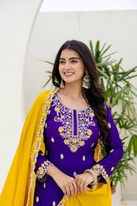 Women's Modern Chinon <b>Silk</b> Embroidered <b>Kurta</b> Set with Dupatta for Wedding Occasions Quick Dry Regular Fit - Product Image 4