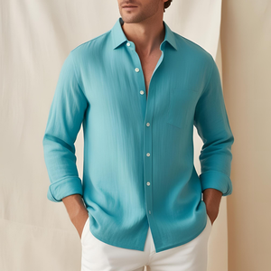 Camisa de Hombre de Verano, Transpirable, de Lino y Algodón, Satén, Informal, Antiarrugas, con un Solo Botón, Cuello Camisero, Manga Larga, Lisa - Product Image 4