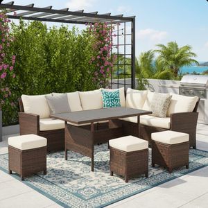 Conjunto de Comedor de Mimbre de 7 Piezas para Patio, 9 Plazas, con Cojines Color Marfil, Sofá, Otomanas y Mesa de Comedor para Terraza, Jardín o Patio Trasero - Product Image 5