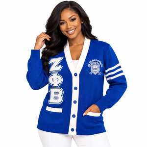 Zeta Phi Beta Letterman <b>Cardigan</b> Women Royal Blue <b>Knit</b> Sweater Cream Placket <b>White</b> Chenille Greek Letters Crest Patch Sorority - Product Image 1