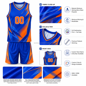 Ensemble de maillot de basket-ball sublimé bleu et orange pour hommes, col en V, sans manches, respirant, en mesh, uniforme sportif toutes saisons - Product Image 2