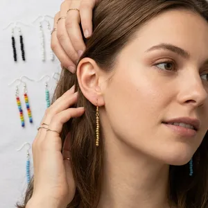 Pendientes largos hechos a mano con cuentas de semillas, multicolor, estilo bohemio, joyería de moda, pendientes largos de cuentas de vidrio tipo arroz. - Product Image 2