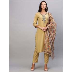 DISEÑADOR ALGODÓN MEZCLA BORDADO TRABAJO TOP PANT CON DUPATTA CHIKU - Product Image 1