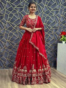 Women's Embroidery Designer Lehenga Choli Set, Semi-Stitched, Heavy Embroidery Work, with Dupatta, Free Size, Bridal <b>Wedding</b> - Product Image 2