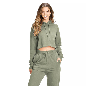 Olive Green Color Pullover Long Sleeves Women's Cropped Tracksuits Breathable Quick Dry Ladies Winter Wear Hoodie Trouser Sets - Product Image 6