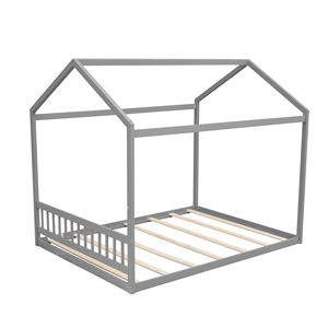 Letto a casetta in legno per bambini, misura Queen, con testiera grigia - Product Image 5