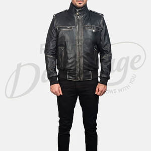 Chaqueta Bomber Negra para Hombre de Gamuza Genuina con Paneles de Cuero Acolchado en los Hombros, Cuello Alto y Ribete Acanalado - Product Image 2