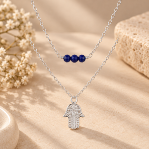 Collar de Lapislázuli con Colgante Hamsa de Dos Niveles – Joyería de Plata de Ley 925 con Colgante Mano de Fátima - Product Image 3