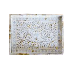 Plateau de service rond artisanal en nacre avec incrustations, design floral blanc élégant, plat décoratif pour table basse, décoration intérieure - Product Image 6