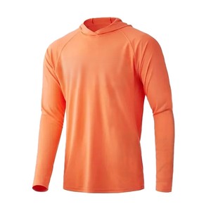 Men's Orange Hooded Long Sleeve Moisture Wicking <b>Polyester</b> <b>Shirt</b> Summer Regular Fit Solid Color Pullover Top - Product Image 1