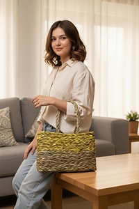 Handwoven Grass <b>Basket</b> <b>with</b> Festive Trimand <b>Handle</b> (yellow) Eco-Friendly Stylish Storage grass <b>Basket</b> - Product Image 3