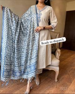 Women Ethnic Embroidered <b>Kurti</b> Set with Dupatta V Neck 3 4 Sleeve Printed <b>Indian</b> Top Ready to Dispatch - Product Image 5