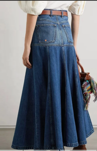 Falda Maxi Vaquera de Cintura Alta con Corte en A para Mujer, Color Azul Oscuro Sólido, Cierre de Botones Delanteros, Estilo Casual Holgado para Otoño - Product Image 2
