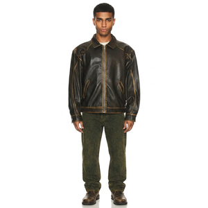 Customized Fading Seams Breathable Coated Genuine Leather <b>Jacket</b> for <b>Men</b> Vintage Style Loose Fit Front - Product Image 1
