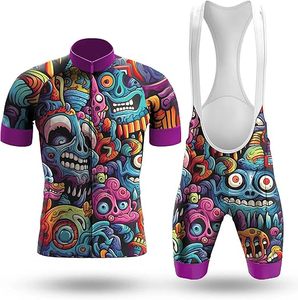 Ensemble maillot et short de cyclisme pour homme, imprimé géométrique, motif crâne coloré, bordure violette, tenue de vélo performante, tissu 120g - Product Image 1