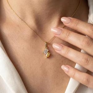 Modern Diamond Drop <b>Pendant</b> Of Yellow Pear & Emerald Cut in <b>Solid</b> <b>Gold</b> Elegant Minimalist <b>Pendant</b> Necklace Everyday Jewelry Gift - Product Image 1