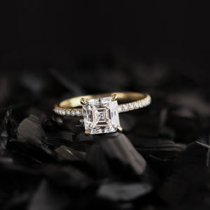 Asscher Cut Lab Grown Diamond Solitaire Engagement Ring with Pave Band 14K Gold <b>Bridal</b> Wedding Ring Wholesale - Product Image 1