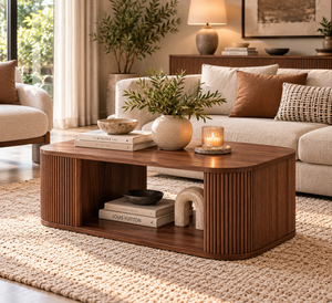 Table basse en bois massif cannelé de style contemporain français avec rangement inférieur pour salon - Product Image 1