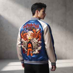 เสื้อแจ็คเก็ตวาร์ซิตี้อุซึมากิสำหรับผู้ชาย สไตล์ญี่ปุ่น ลายปักตัวอักษร สีน้ำเงินและสีขาว เสื้อแจ็คเก็ตบอมเบอร์สำหรับฤดูใบไม้ร่วง - Product Image 3