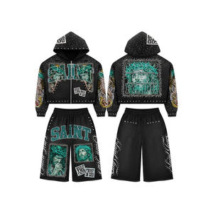 Ensemble sweat à capuche zippé streetwear de qualité supérieure pour homme, noir, imprimé numérique, veste polaire zippée et short, style été - Product Image 5