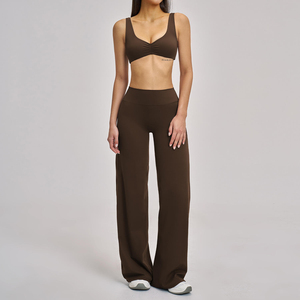 Purple 2 Piece Yoga Set High Waist Wide Leg Pants Racerback <b>Crop</b> <b>Top</b> Seamless Breathable Solid Color Activewear - Product Image 6