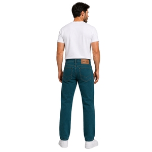 Pantalones vaqueros de mezclilla de pierna recta para hombre, color azul verdoso, corte regular, estilo casual, cinco bolsillos, pantalones de estilo urbano con logotipo de cuero - Product Image 2