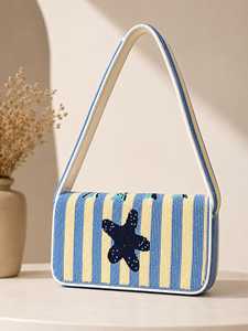 Bolso de Hombro a Rayas con Cuentas Hecho a Mano, con Bordado de Estrella de Mar, Forma Rectangular, Artesanía Textil, Bolso de Moda para Mujer - Product Image 6
